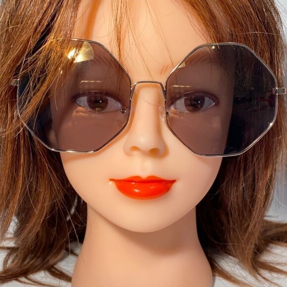 1074 Hexagon Oversized Sunglasses Silver Metal Frames Grey Lenses New - Picture 2 of 9